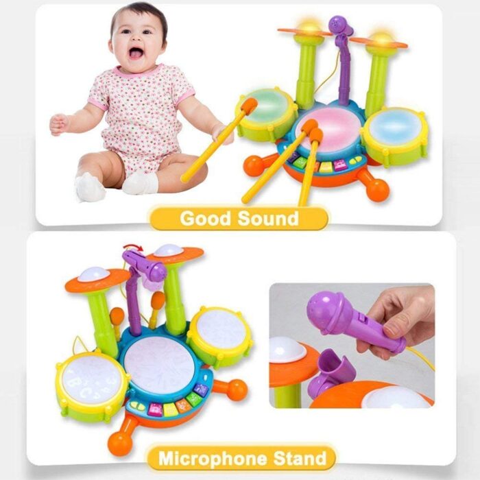 Kids Drum Set Toddler Toys With Adjustable Microphone Musical Instruments Playset