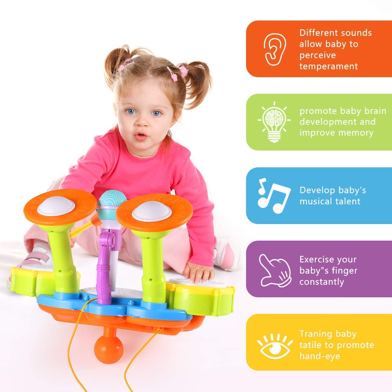 Kids Drum Set Toddler Toys With Adjustable Microphone Musical Instruments Playset