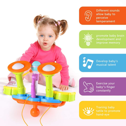 Kids Drum Set Toddler Toys With Adjustable Microphone Musical Instruments Playset